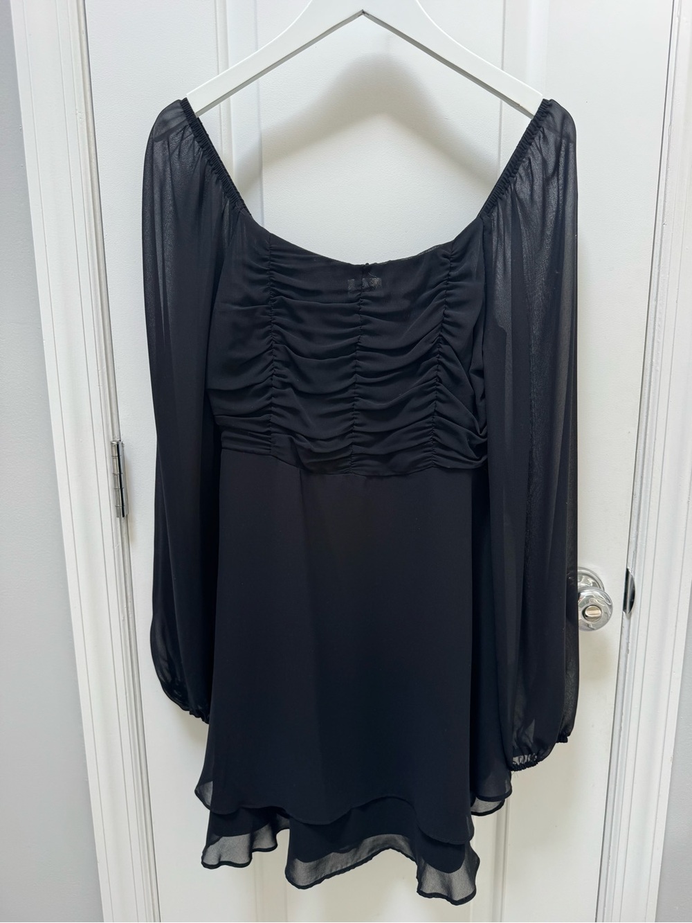 Altar'd State Black Sheer Long-Sleeve Ruched Mini Dress